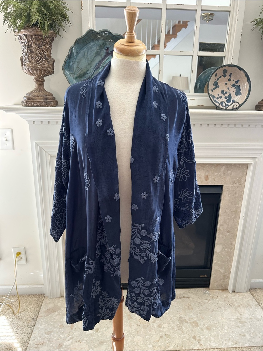 Johnny Was Blue Embroidered Open-Front Kimono Jacket